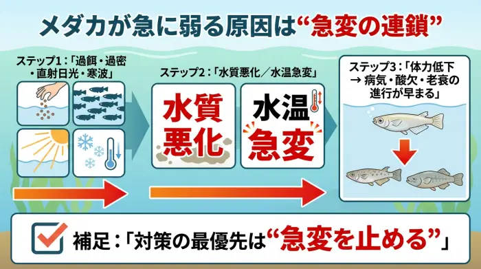 過餌や直射日光などが水質悪化・水温急変を起こし、メダカの体力低下につながる流れ