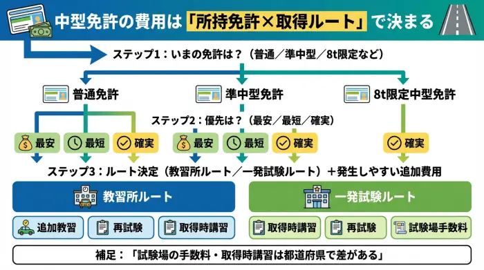 中型免許の費用を所持免許と取得ルートで分岐して整理したフローチャート