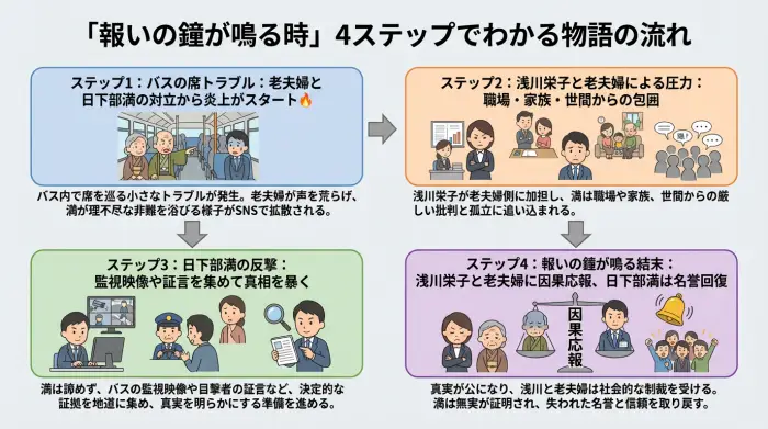 ドラマ『報いの鐘が鳴る時』の物語の流れを、バスの席トラブルから因果応報のラストまで4ステップで示したフロー図