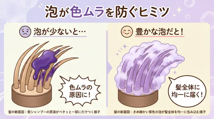 紫シャンプーの泡の役割を示す図解