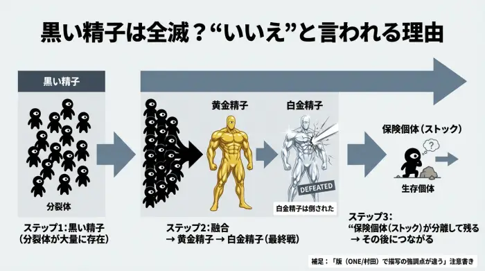 ワンパンマン黒い精子は白金精子に進化して敗北するが、生存個体が残る流れを示す図