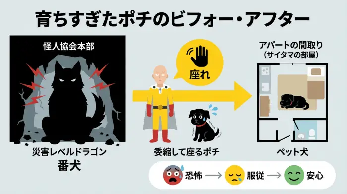 怪人協会の番犬だったドラゴン級怪人が、サイタマの“ペット犬”になるまでの変化を3コマで示した図解