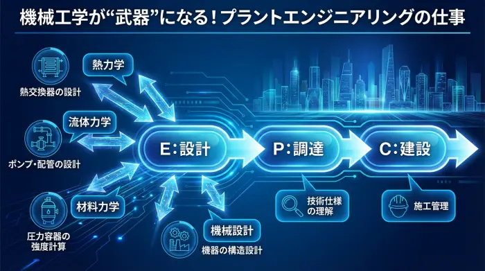 プラントエンジニアリングのEPC（設計・調達・建設）フロー図