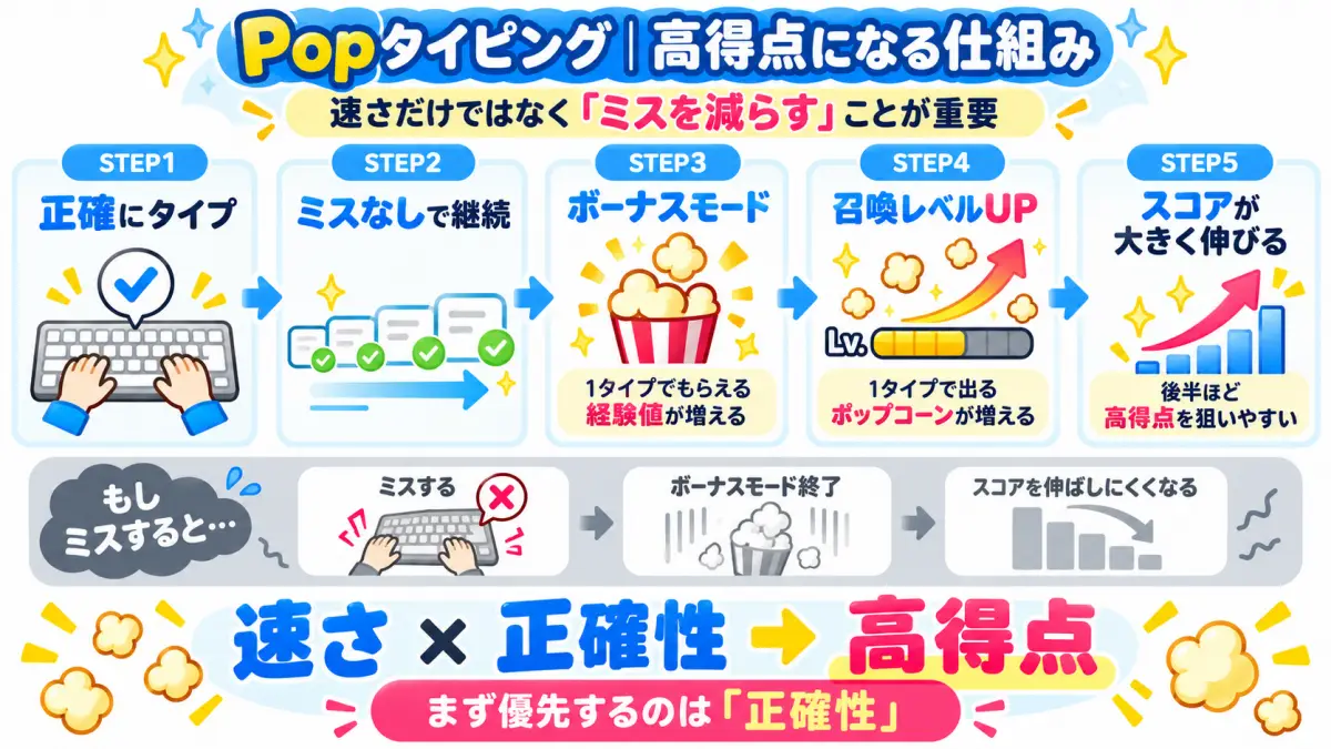 Popタイピングで正確な入力からボーナスモード、経験値、召喚レベル上昇を経て高得点につながる仕組みを整理した図解 