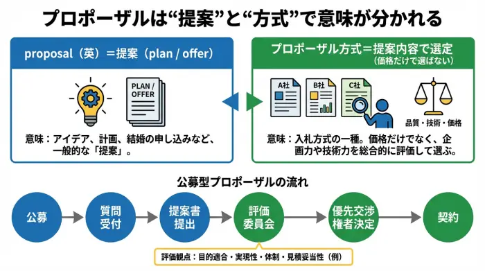 プロポーザルの意味(提案と方式の違い)と公募型プロポーザルの手続フローを示した図