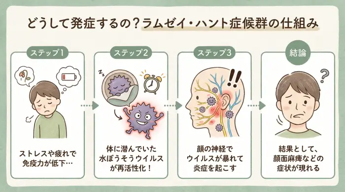 ラムゼイ・ハント症候群が発症する4つのステップを示したインフォグラフィック