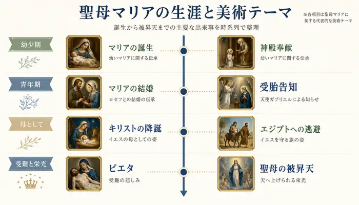 聖母マリアの生涯を時系列で解説したインフォグラフィック。誕生から被昇天までの主要な出来事と、それに対応する美術テーマが示されている。