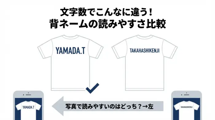 7文字と13文字の背ネームがプリントされた2枚のTシャツを並べ、短い背ネームの方が写真で読みやすいことを示す図解