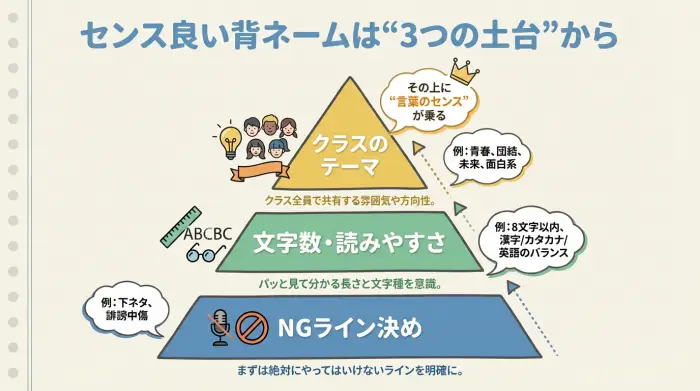 NGライン・文字数・テーマの3つを土台にして、その上に背ネームの言葉が乗る構造を示したピラミッド図