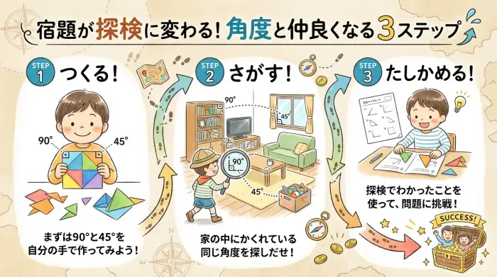 算数の宿題を探検に変える3ステップを示したインフォグラフィック