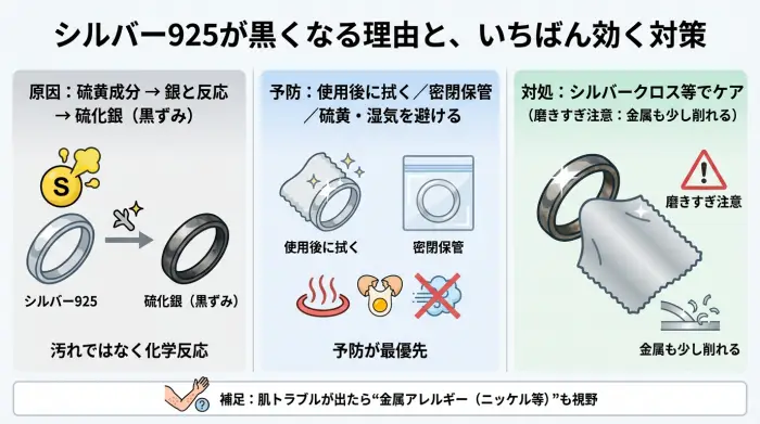 シルバー925の黒ずみ（硫化銀）の原因と、予防・お手入れ方法をまとめた図