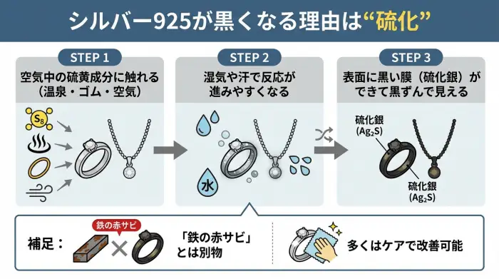 シルバー925は硫黄成分と湿気で硫化し、表面に硫化銀ができて黒ずむ仕組み