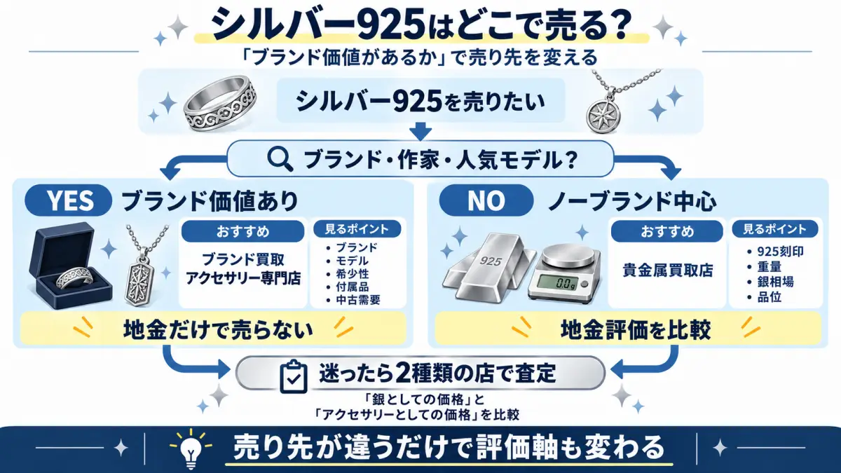 シルバー925をブランド品かノーブランドかによって適した売り先へ振り分ける図解
