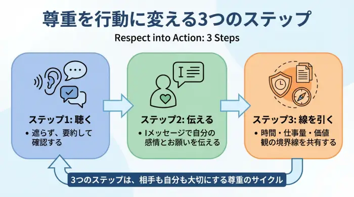聴く・伝える・境界線を引くという3ステップで尊重を行動に変える流れを示したフロー図。