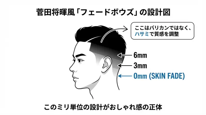 菅田将暉風フェードボウズの構造を解説する図解。