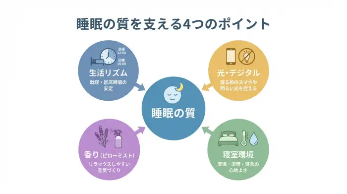 生活リズム・光・環境・香りの4つの要素が睡眠の質を支えていることを示す図