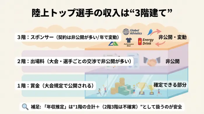 デュプランティスの年収は賞金・出場料・スポンサーで構成され、賞金以外は非公開が多いことを示す図