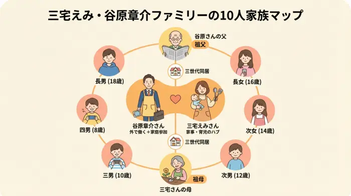 三宅えみさんと谷原章介さんを中心に、6人の子どもと祖父母を含めた10人家族の構成を示すイラスト