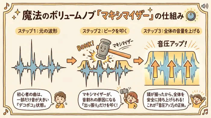 マキシマイザーが音圧を上げる仕組みを図解したインフォグラフィック
