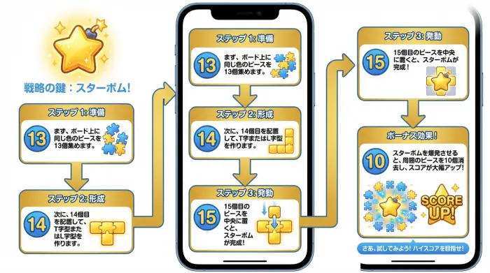 まず結論:スターボムは「13〜15個消去」を作るだけ