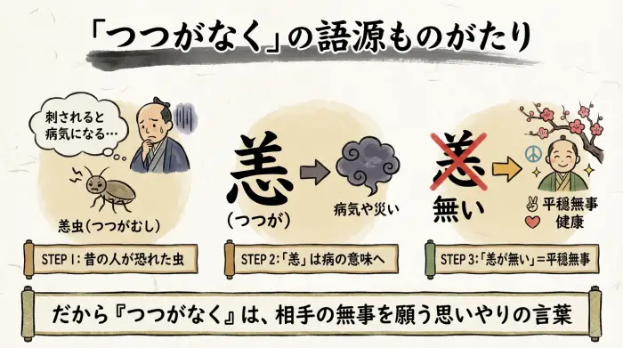 「つつがなく」の語源を図解したインフォグラフィック