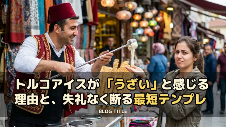 あなたはSEOのプロです。 以下のH1からタイトルとメタディスクリプションを作成してください。 トルコアイスが「うざい」と感じる理由と、失礼なく断る最短テンプレ