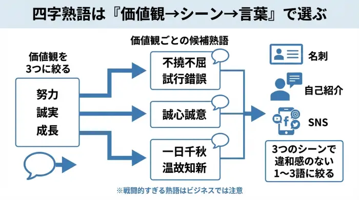 価値観から四字熟語を選び、名刺やSNSに合う言葉を絞り込む3ステップフローを示した図