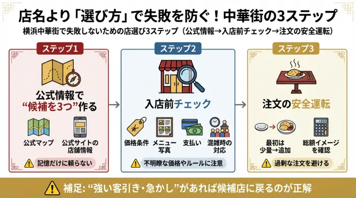 横浜中華街で失敗しないための店選び3ステップ（公式情報→入店前チェック→注文の安全運転）