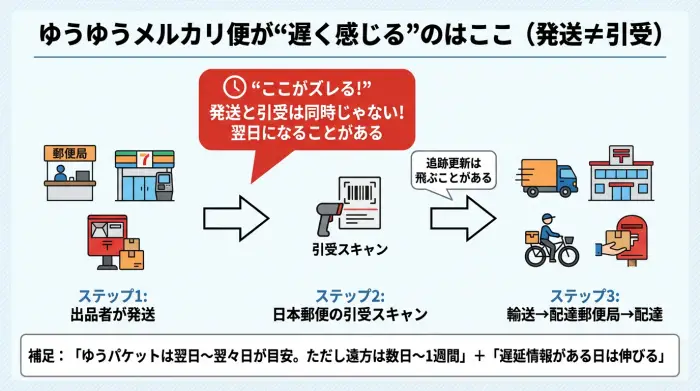 ゆうゆうメルカリ便の到着日数がずれる原因（発送と引受の違い・追跡更新のタイミング）を示す図解