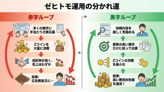 ゼヒトモで失敗する赤字ループと成功する黒字ループの比較図