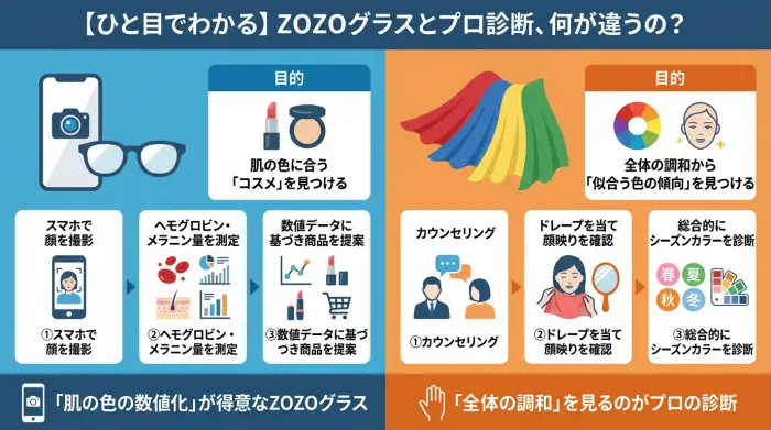 ZOZOグラスとプロのパーソナルカラー診断の違いを図解したインフォグラフィック