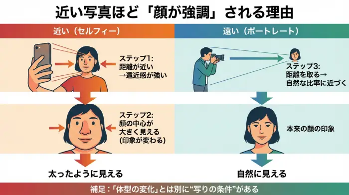 カメラ距離が近いほど遠近感が強まり顔の印象が変わる図