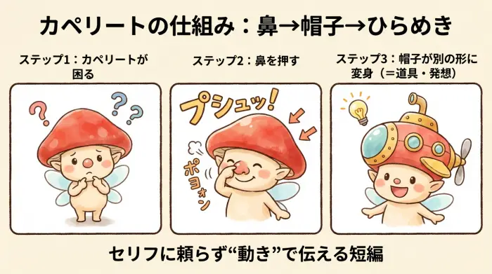 鼻を押すと帽子が変身してひらめきが出るカペリートの説明図