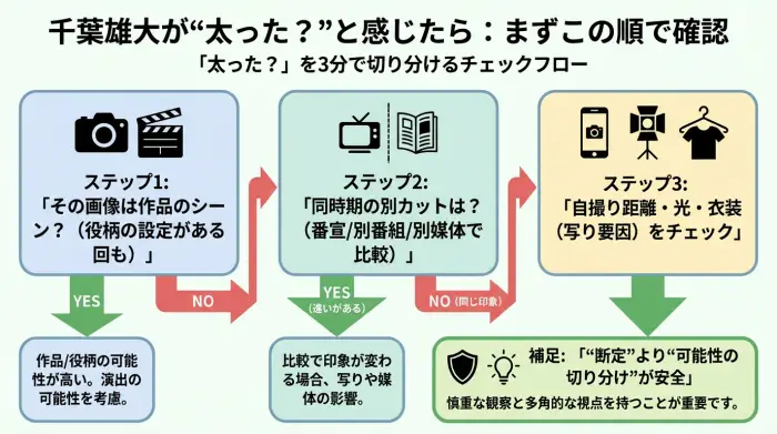 千葉雄大が太ったかどうかを役柄・画像比較・写り要因で切り分けるフロー図