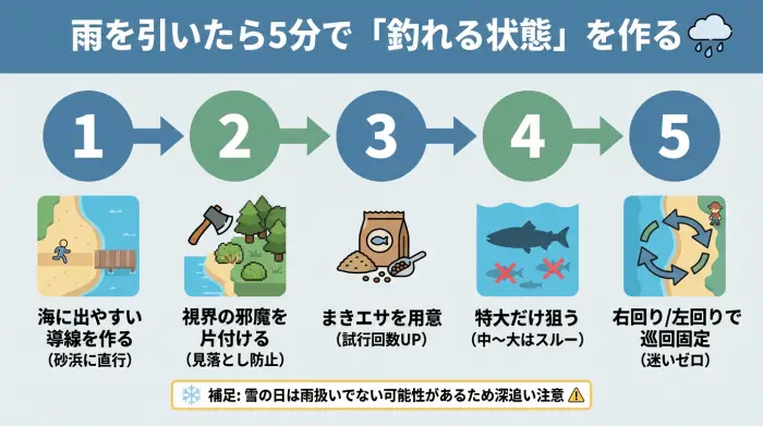 あつ森で雨の日にシーラカンスを釣るための準備5ステップ図解
