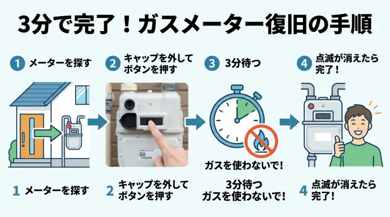 ガスメーターの安全装置を復旧させるための4つのステップを示した図解。