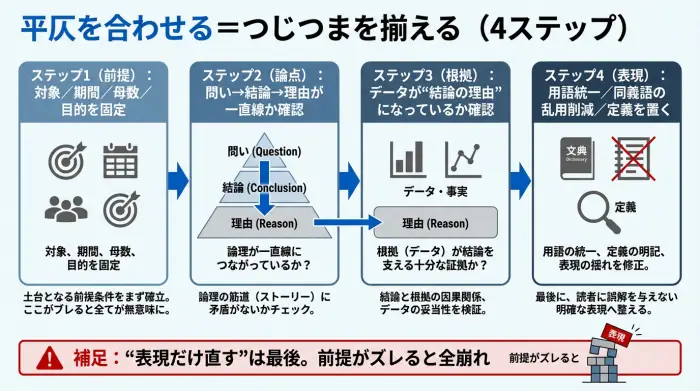 平仄を合わせるための前提・論点・根拠・表現チェック手順