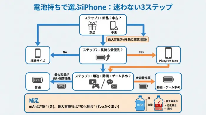 iPhoneを電池持ちで選ぶためのフローチャート。中古は最大容量%を優先し、用途別にPlus/Pro Maxと標準モデルを振り分ける