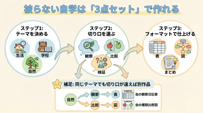 自主学習が被らない理由はテーマではなく切り口とフォーマットの組み合わせで決まる図