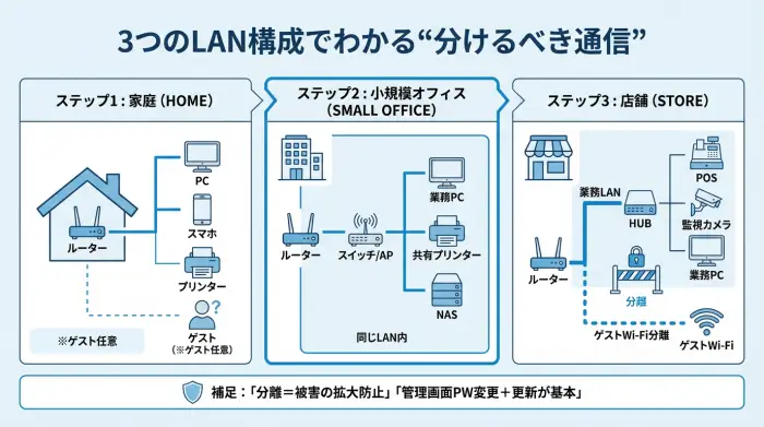 家庭・オフィス・店舗におけるローカルネットワーク構成の違いとゲストWi-Fi分離の考え方