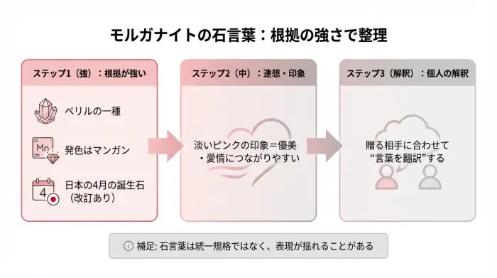 モルガナイトの石言葉を根拠の強さ別に整理した図