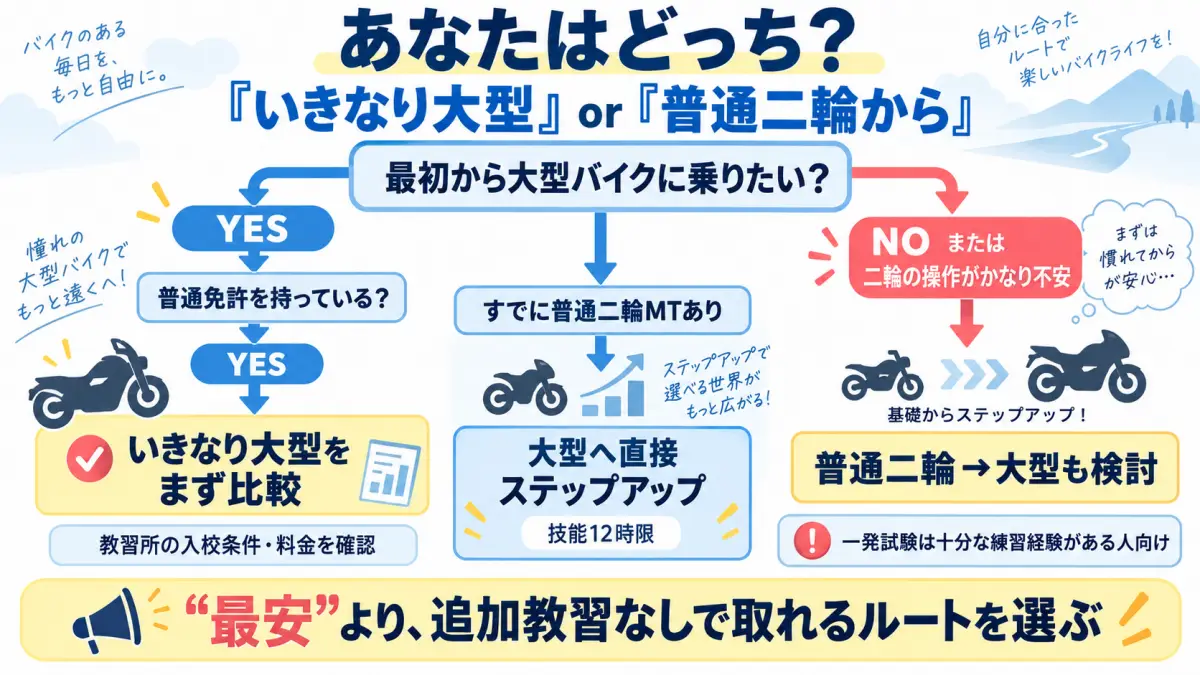 大型二輪免許をいきなり取得するか普通二輪から段階取得するかを判断する図解