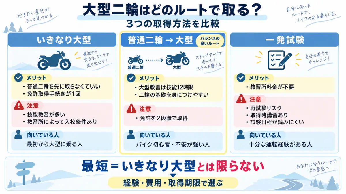 大型二輪免許のいきなり大型・普通二輪から取得・一発試験の3ルートを比較した図解