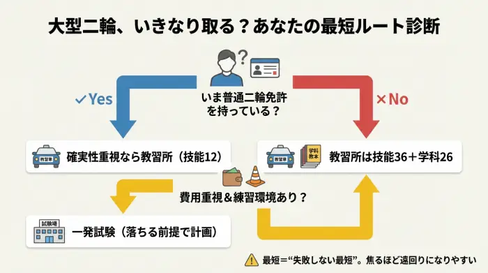 大型二輪免許をいきなり取るか迷う人向けに、普通二輪の有無と優先順位で最短ルートを分岐する図
