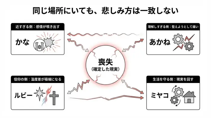 推しの子165話の葬式シーンを、かな・あかね・ルビー・ミヤコの立ち位置で整理した相関図