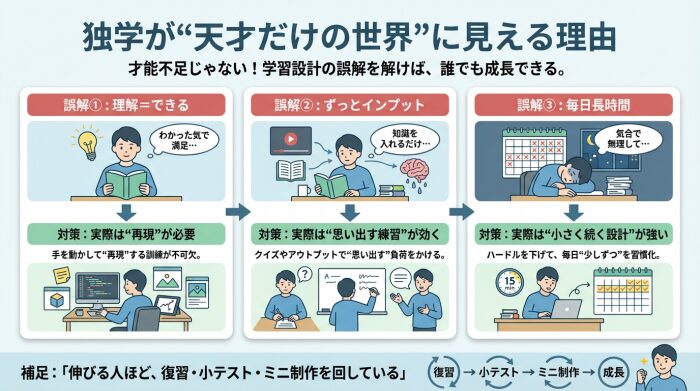 独学が天才向けに見えるのは誤解で、理解と再現の違い・検索練習・継続設計が鍵になる図解