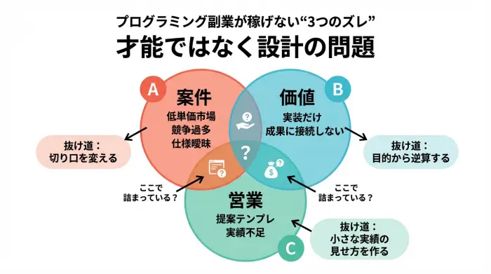 プログラミング副業が稼げない原因を案件・価値・営業の3要素で整理した図解