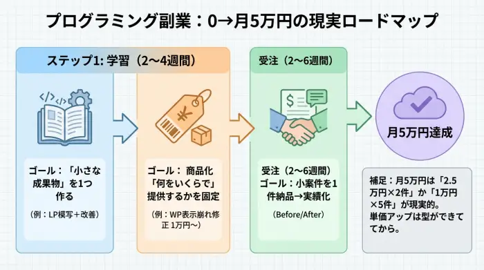 未経験からプログラミング副業で月5万円を作る手順を示したロードマップ図
