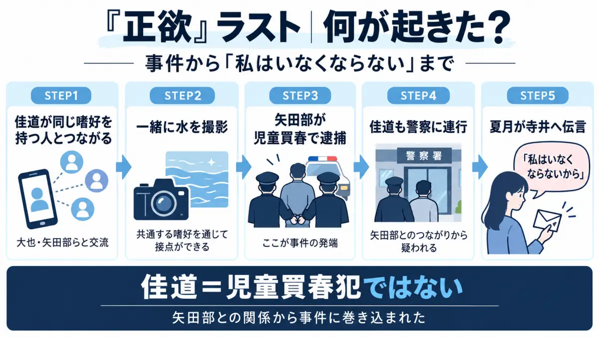 映画正欲のラストで矢田部の逮捕から佳道が事件に巻き込まれ夏月が伝言を託すまでを整理した図解