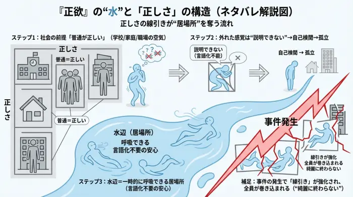 映画『正欲』のネタバレ解説図。正しさの線引きが孤立を生み、水辺が居場所として機能する流れを示す。